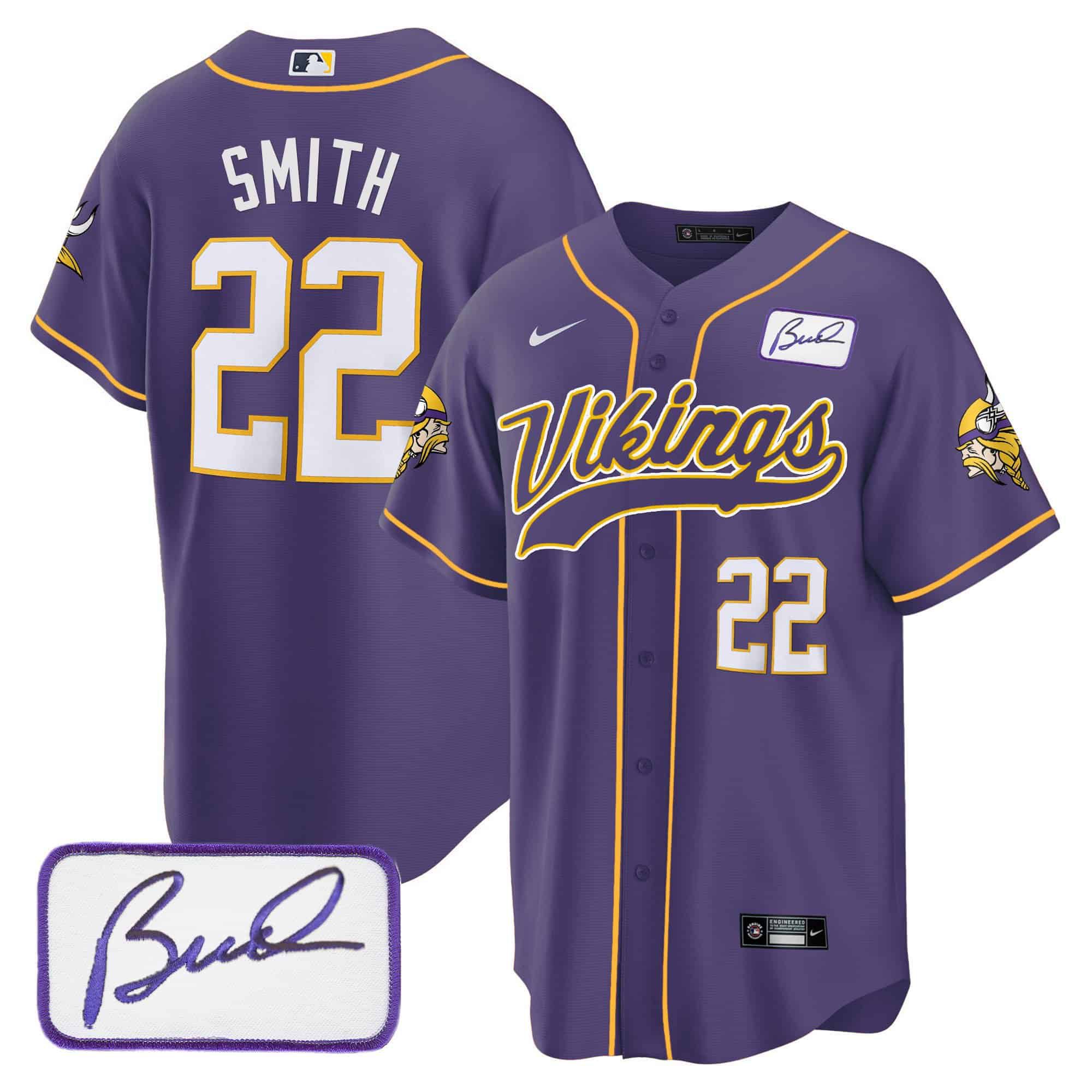 Men Minnesota Vikings #22 Smith Purple 2024 Nike Bud Grant Patch Classic Baseball NFL Jersey style 1